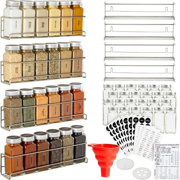 Talented Kitchen 4 Stainless Steel Spice Racks Wall Mount Organizer for  Cabinet Door w/ 24 Empty 4oz Glass Jars, 269 Clear Seasoning Labels, 2  Styles - ShopStyle
