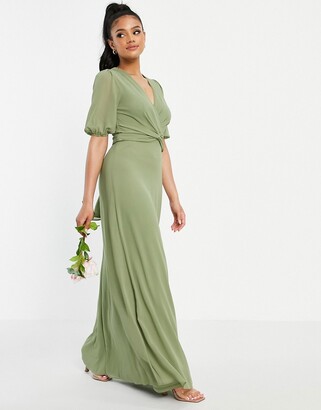 TFNC Bridesmaid wrap front maxi dress in dusky green