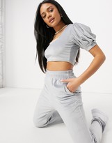 Thumbnail for your product : Moda Minx crop balloon sleeve top and trackies co-ord set in grey towelling