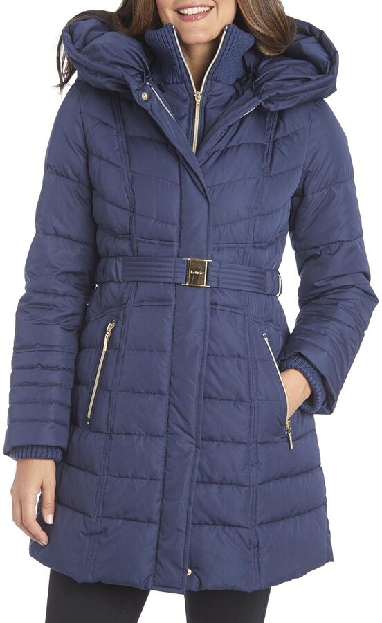 kensie Womens Short Duffle Coat with Front Plackets and Faux Fur Trimmed Hood 