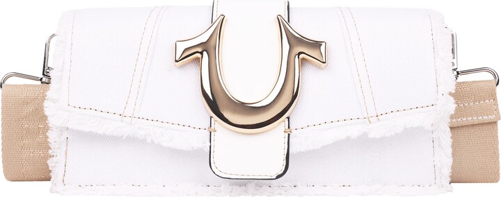 True Religion Frayed Denim Flap Bag with Logo Strap