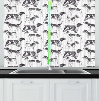 Dog Lover Monochrome Sketch of Various Dog Breeds on Plain Background Kitchen Curtain