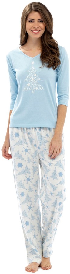 Foxbury Ladies Glitter Print Unicorn Jersey Pyjamas Blue 