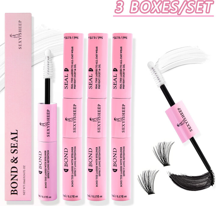 SEXYSHEEP Eyelash Glue and Seal for Eyelash Clusters Strong Fixed Eyelash Glue Lasting 48H 2 in 1(5ml Black Glue + 5ml Clear Seal)