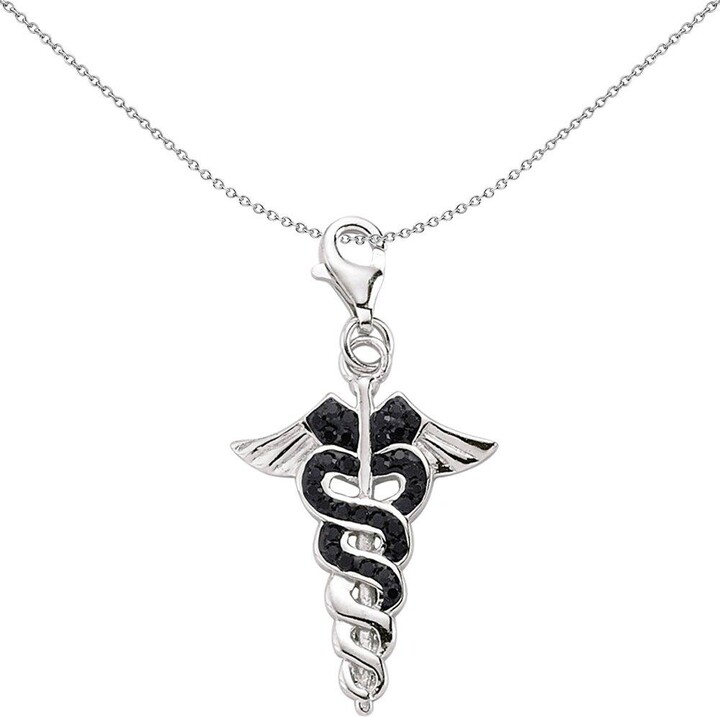 Jewelco London Sterling Silver Black Crystal Rod of Asclepius Medical