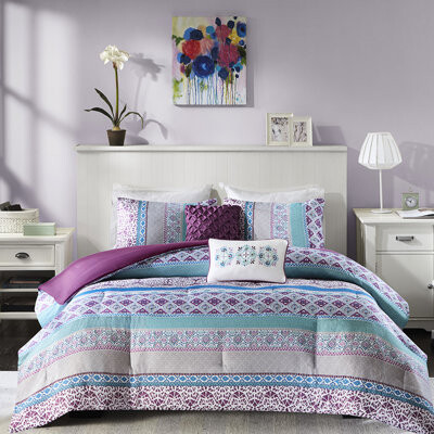 Wovilo Purple Comforter  Global Look Microfiber 2 Shams Decorative Pillows Long-lasting Comfort Size Global Theme Print Soft  Long Lasting Fabric