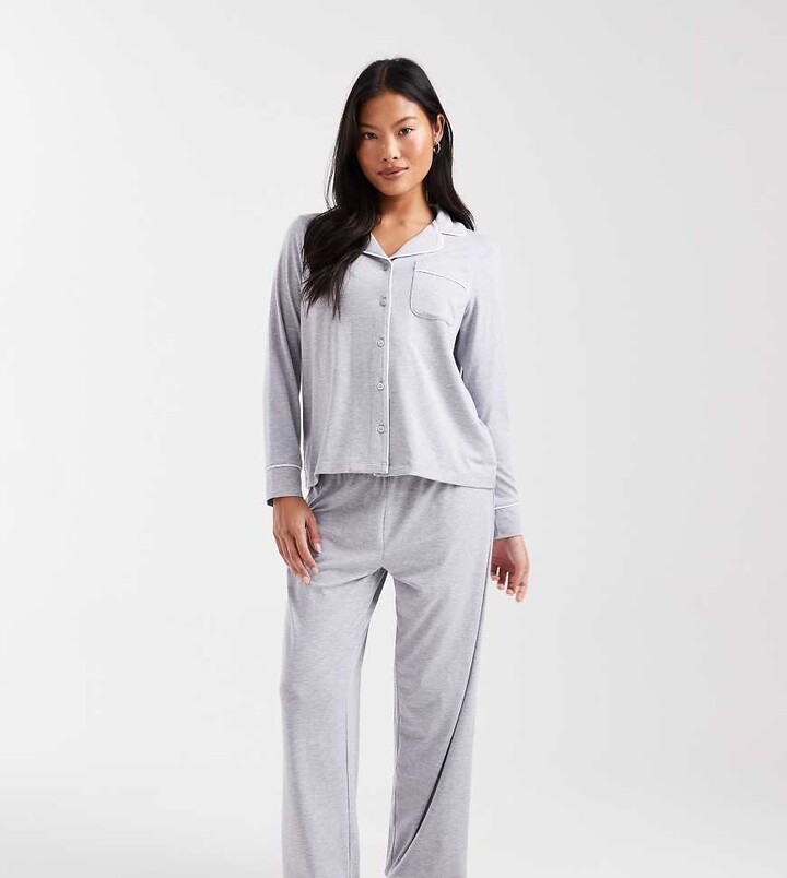 ASOS Petite ASOS DESIGN Petite super soft long sleeve shirt & pants pajama set with contrast piping in gray