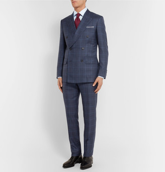 Kingsman Harry's Navy Double-Breasted Checked Wool, Silk And Linen-Blend Suit Jacket