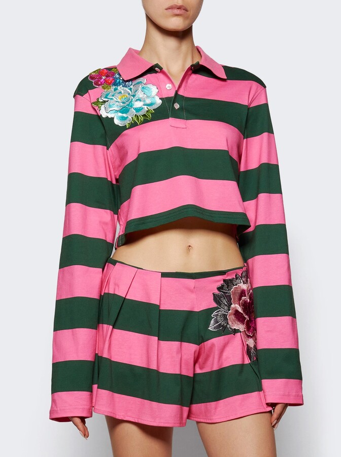 Area Embroidered Flower Rugby Stripe Polo Pink And Green