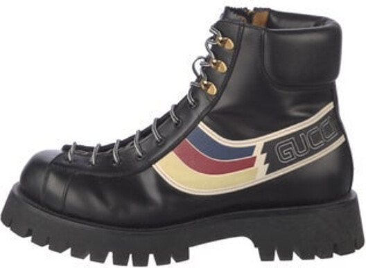 Gucci Leather Ankle Combat Boots Black Interlocking G Logo Round-Toes with Scalloped Accent Platform Lace-Up Closure at Uppers