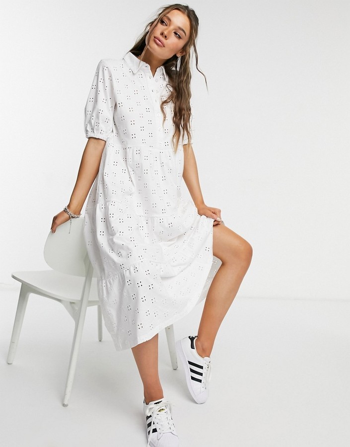 ASOS DESIGN broderie midi tiered shirt dress with short sleeves in