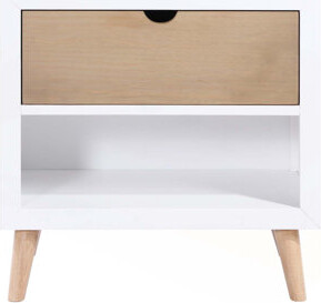 Corrigan Studio White and Natural Finish Nightstand with Drawer and Open Shelf for Modern Bedroom Storage