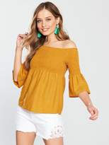 Thumbnail for your product : Very Shirred Linen Bardot Top - Ochre