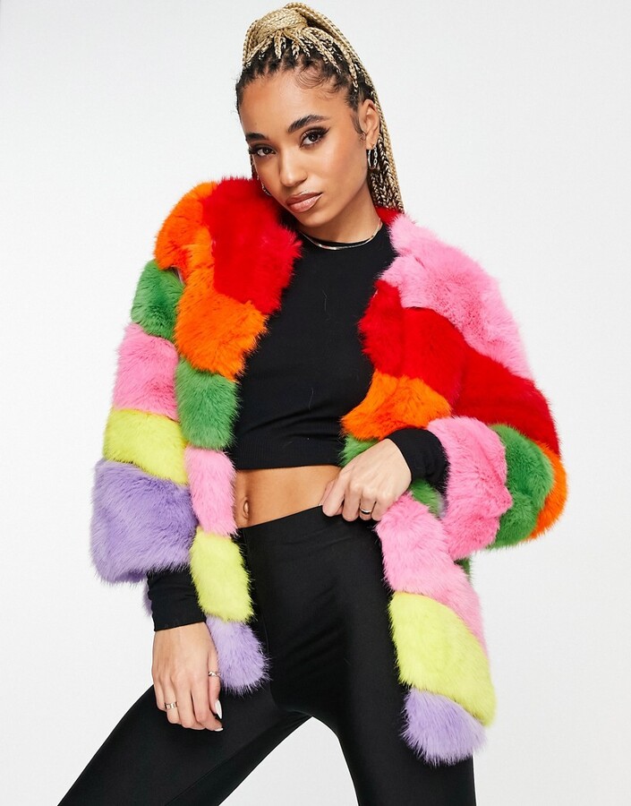 Jayley faux fur statement colored stripe coat in multi - ShopStyle