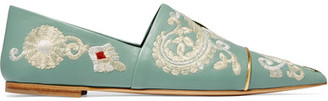 Etro Embroidered Leather Point-toe Flats - Green