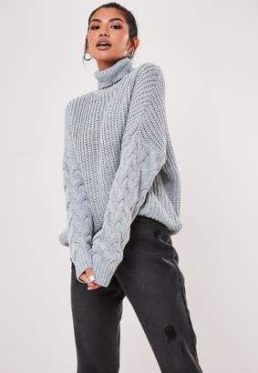 Missguided Grey Roll Neck Cable Knit Sleeve Jumper