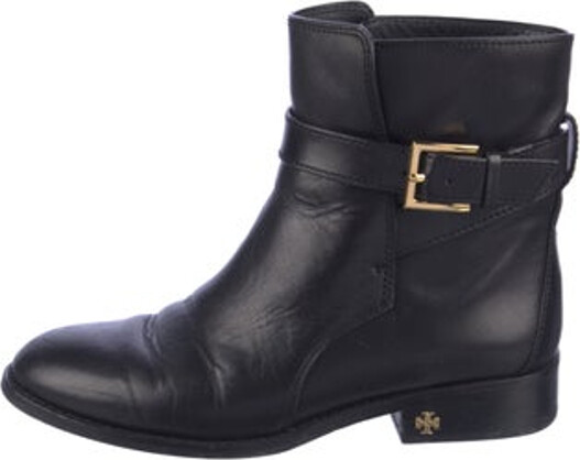 Tory Burch Leather Ankle Moto Boots Blue Round-Toes Wrap-Around Straps & Buckle Closure at Ankles Designer