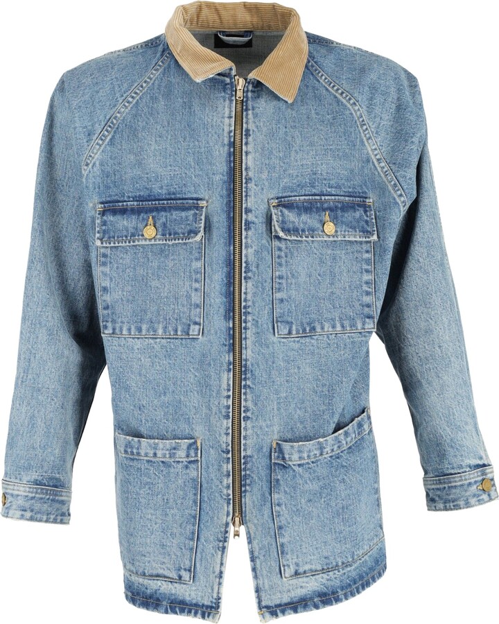 Fear Of God Vintage Selvedge Denim Long Trucker Jacket in Light Blue Cotton