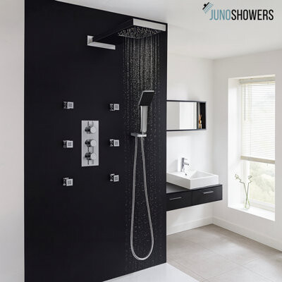 Juno Showers Juno Body Massage Spray Jet Shower Set – Chrome Waterfall Head with Thermostatic Valve & Wall Mount Jets