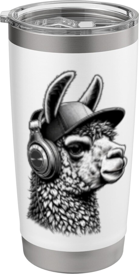 Funny Animal wearing Headphones Music Lover Llama w Headphones DJ - Music Concert Gear Audiophile Stainless Steel Insulated Tumbler