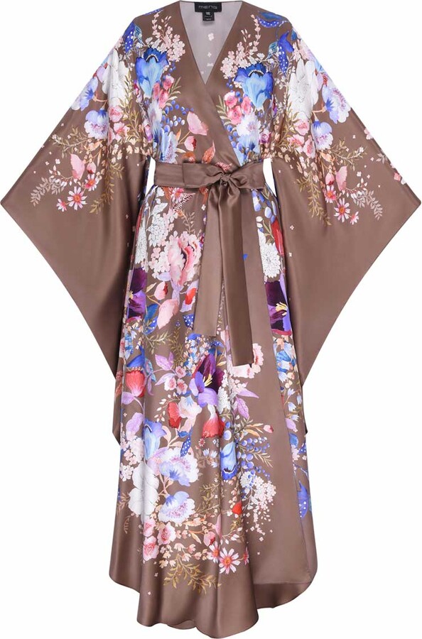MENG Brown Chocolate Watercolour Flowers Silk Satin Wrap Dress
