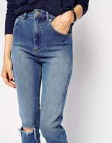 Thumbnail for your product : ASOS COLLECTION Farleigh High Waist Slim Mom Jeans In Busted Mid Wash Blue With Ripped Knee