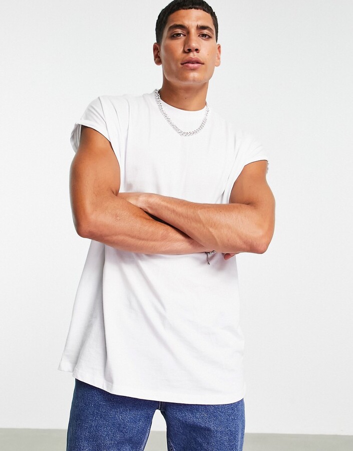 ASOS DESIGN oversized longline t-shirt with crew neck and roll sleeve in  white - ShopStyle
