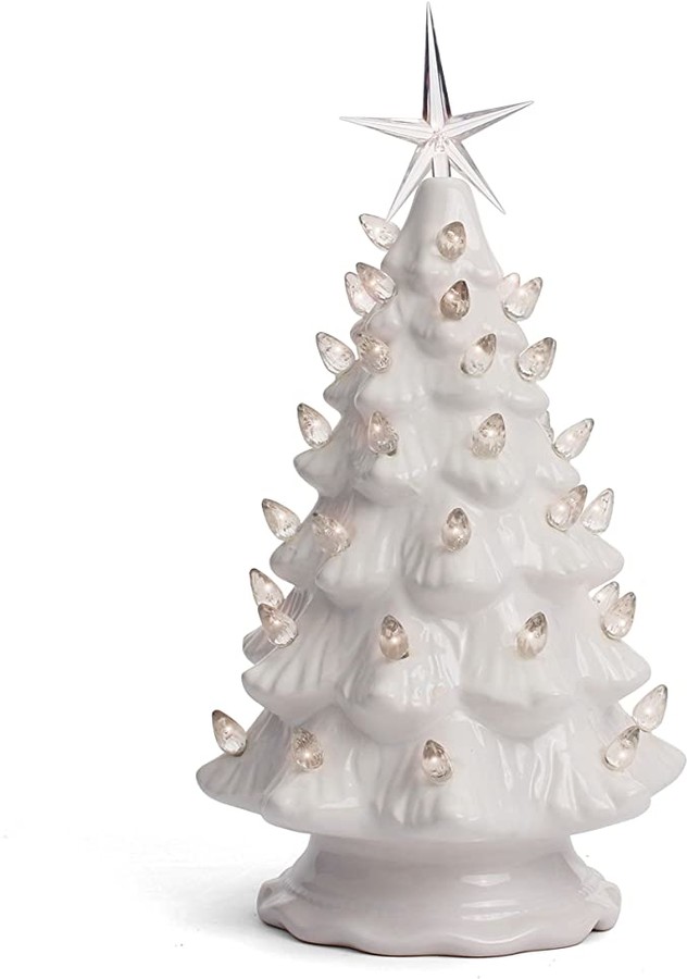 Milltown Merchants Ceramic Christmas Tree - Tabletop Christmas Tree with Lights - (11.5" Medium White Christmas Tree/White Lights) - Lighted Vintage Ceramic Tree