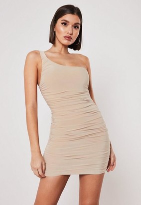 Missguided Nude Slinky One Shoulder Ruched Bodycon Mini Dress