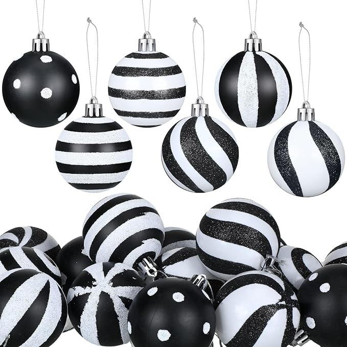 Riceshoot 24 Pcs Black and White Christmas Ball 2.36 Inch Stripe Dot Hanging Xmas Ball Plastic Black Christmas Ornaments Christmas Decorations for Home and Holiday Party Christmas Trees Accessories