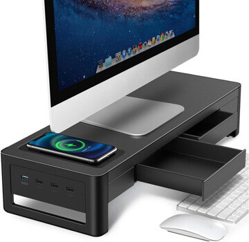 Inbox Zero 3 In 1 Monitor Stand Riser with Drawers,Wireless Charging ...