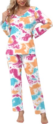 POKWAI Pajamas for Women Soft Comfy Casual Loose Pjs With Pockets Womens  pajamas(TD Colorful Orange - ShopStyle