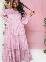 Thumbnail for your product : In The Style Curve In The Style Curve X Stacey Solomon Floral Print Tiered Maxi Dress With Balloon Sleeves - Mauve