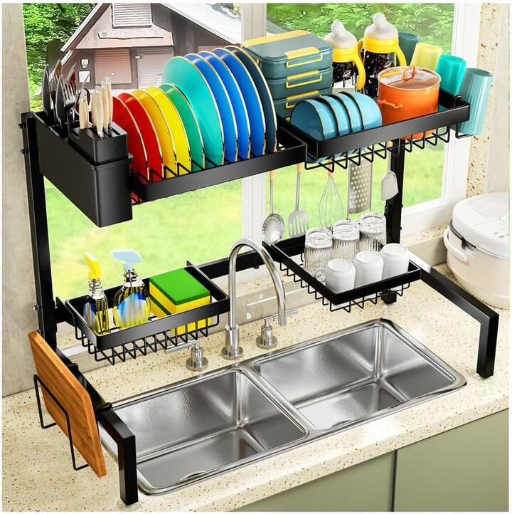 Aoibox Black Metal Over The Sink Dish Drying Rack Extendable Large Capacity Adjustable Space Saving for Most Sinks