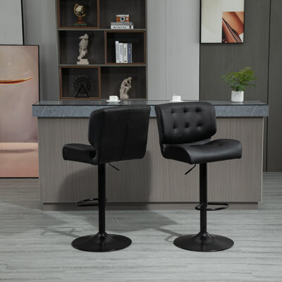 Latitude Run Bar Stools Set Of 2 With Adjustable Seat, Thick Padded Cushion And Metal Footrest For Home Bar,