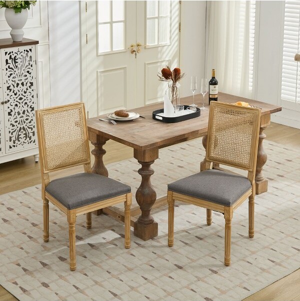 GulchesFrenchDecorChairsSetof2,LouisDiningChairswithSquareRattanBackrestandExquisitelyCarvedSolidWoodFrame£¬Gray