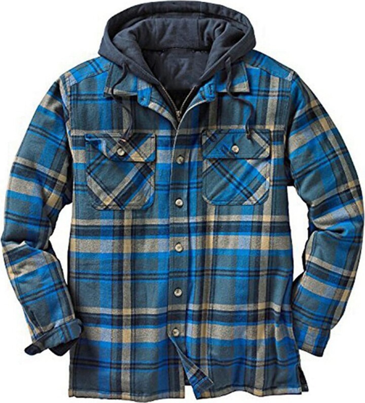 Zukmuk Men's Thick Plaid Coat Casual Hooded Buttons Zipper Warm Jacket  Winter Checkered Outerwear (Blue - ShopStyle
