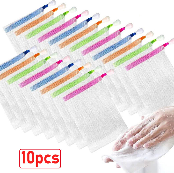 10PCS Hangable Soap Foaming Net Shower Bathroom Facial Cleanser Body Cleaning Soap Mesh Glove Bubble Net Bags Cleaning Tools