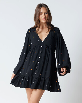 Apero Label Women's Black Mini Dresses - Jewel Embroidered Babydoll Mini Dress