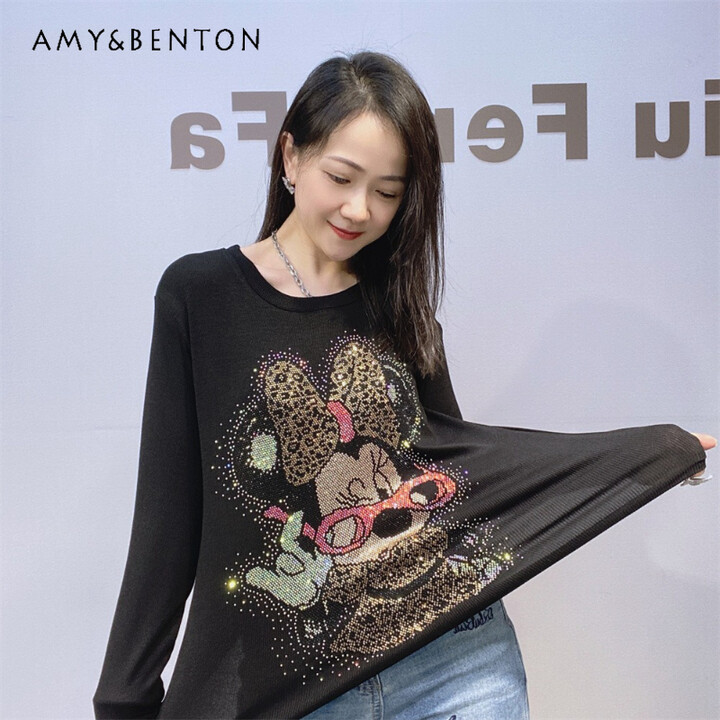 Y2k O-Neck Slim Fit Rhinestone Sweet Tees Ladies Autumn Wearable Outside Long Sleeves High Elasticity Slimming Bottoming Tshirts