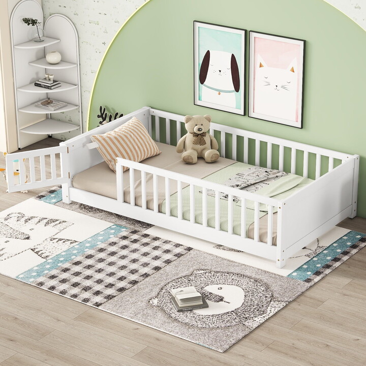 Alvantor Montessori Floor Bed Twin Size with Door and Fence for Kids, Toddler Wooden Platform Bed White