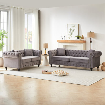 Rosdorf Park 5 - Seat Grey Velvet With Styling Solid Pine Frame And 4 Comfortable Pillows Style Apartment Soft Spring Packed Cushions