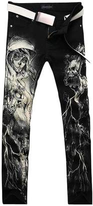 jeansian Men's Printed Wash Denim Long Straight Skinny Pants Jeans MJB116 White