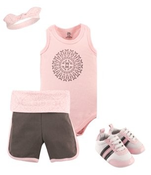 Yoga Sprout Baby Girl Bodysuit, Shorts, Headband & Shoes, 4pc Set