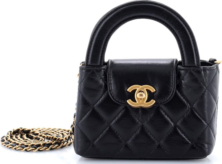Chanel Kelly Top Handle Shopping Bag Quilted Shiny Aged Calfskin Nano