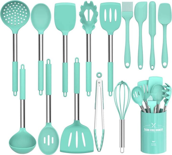 Wudkey 15-Piece Silicone Cooking Kitchen Utensils Set, Non-Stick Kitchen Cookware with Stainless Steel Handle, Green