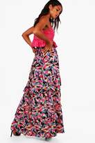 Thumbnail for your product : boohoo Palm Print Ruffle Detail Woven Maxi Skirt