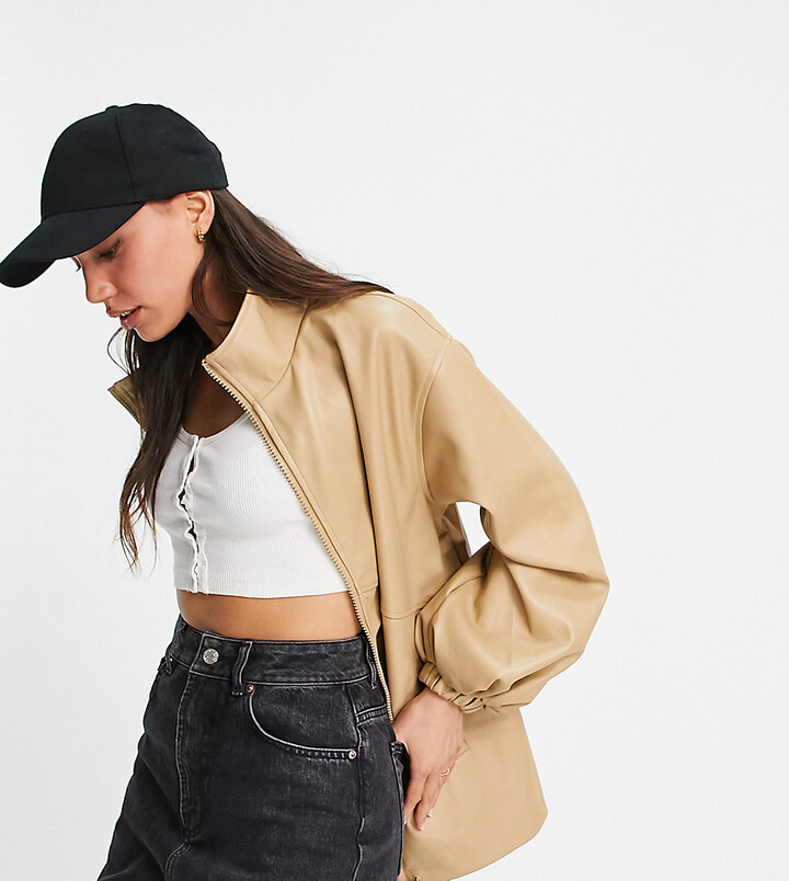 Women's Camel Leather Bomber Jacket ASOS Tall ASOS DESIGN