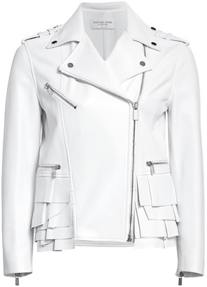 Michael Kors Ruffle-Trimmed Leather Moto Jacket - ShopStyle