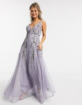 Thumbnail for your product : ASOS DESIGN floral embellished mesh godet maxi dress in lilac
